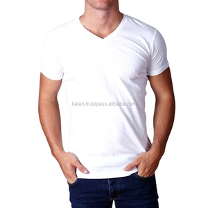 T-shirt à col en V personnalisé pour hommes, options de taille plus, logo en jersey blanc respirant en mélange de coton et polyester doux sur le devant - Product Image 6