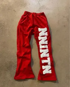 Pantalones de chándal acampanados de lavado ácido pesado personalizados para hombres Sun Faded estampado estilo gráfico frontal plano cierre de cordón informal - Product Image 5