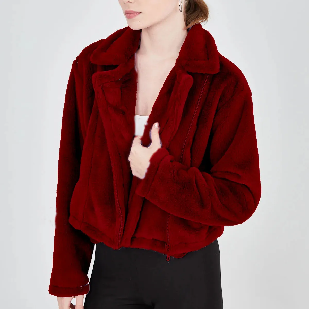 Claret kain bulu mewah ritsleting merah Claret kain bulu warna merah saku ritsleting mantel mewah standar detail