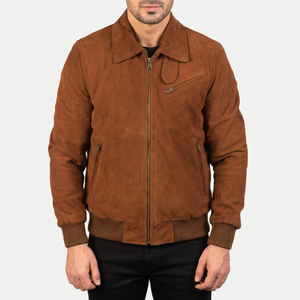 Men Genuine Leather Patchwork Front Zip up <b>Bomber</b> Style Windproof Breathable Solid Color Winter Outerwear Custom Logo - Product Image 1