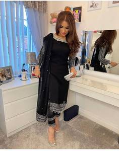Designer Sequence <b>Black</b> Ethnic Style Kurti With <b>Pant</b> and Dupatta Set, Georgette <b>Work</b> Suit, Fully Stitched Beautiful Dress - Product Image 2