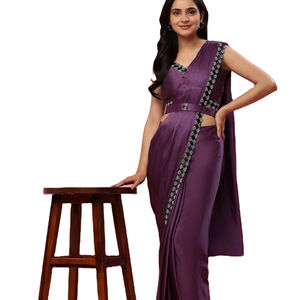 Dernier Designer Satin Soie Pierre Travail Bordure Prêt à Porter Saree By Fab Zone - Product Image 1