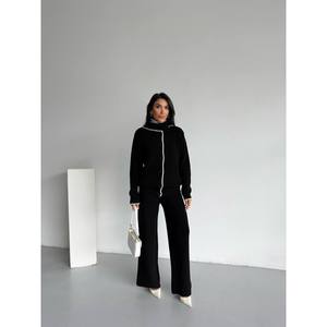 Mybeefashion Women's Black Shawl Collar Knitwear Two-Piece <b>Set</b> - Elegant Wool Blend Acrylic <b>Sweater</b> and Trousers Outfit - Product Image 1