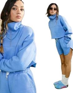 Ensemble de survêtement en tricot à col montant, manches longues, fermeture éclair, cordon de serrage, taille élastique, poches, ourlet incurvé, short pour femmes - Product Image 2