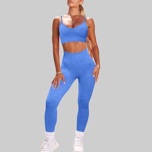 ชุดออกกำลังกายผู้หญิงแบบ 2 ชิ้น เสื้อกล้ามไร้ตะเข็บเอวกลาง ผ้ายืดสแปนเด็กซ์/ไนลอน เป็นมิตรต่อสิ่งแวดล้อม ระบายอากาศได้ดี แห้งเร็ว - Product Image 5