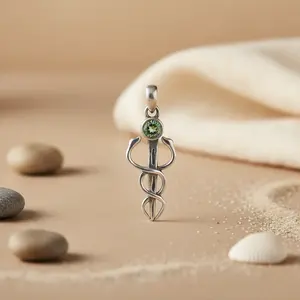 จี้รูปคทาแพทย์ทำจากเงินแท้ 925 ประดับด้วยพลอยสีเขียว ชุบโรเดียม งานแฮนด์เมด ของขวัญทางศาสนา - Product Image 3