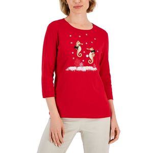 Top invernale casual da donna Karen Scott con stampa natalizia, manica a 3/4, disponibile in rosso, taglie dalla Petite alla X-Large - Product Image 1