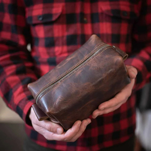 Genuine Leather Toiletry Bag Vintage Style Zipper Closure Soft Handle Large Capacity Cosmetic Travel <b>Case</b> for Men and Women - Product Image 5