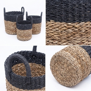 Natural Banana Bark Recycled <b>Plastic</b> <b>Basket</b> Set Two Tone Black Dipped Rim Arch Handle Cylinder Pot Planter Pure Art Setup Room - Product Image 3