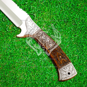 Cuchillo Bowie de acero D2 hecho a mano con empuñadura de madera grabada, cuchillo profesional de supervivencia para caza, cuchillo para acampar, regalo para él, Funda de cuero - Product Image 4