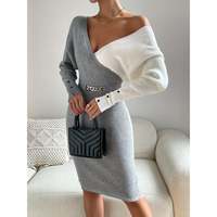 Robe midi moulante en maille de coton gris contrastant à col en V et manches longues avec boutons pour femme