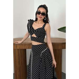 Black Low-Cut Ruffled Blouse and Skirt <b>Set</b> - Black - Product Image 3