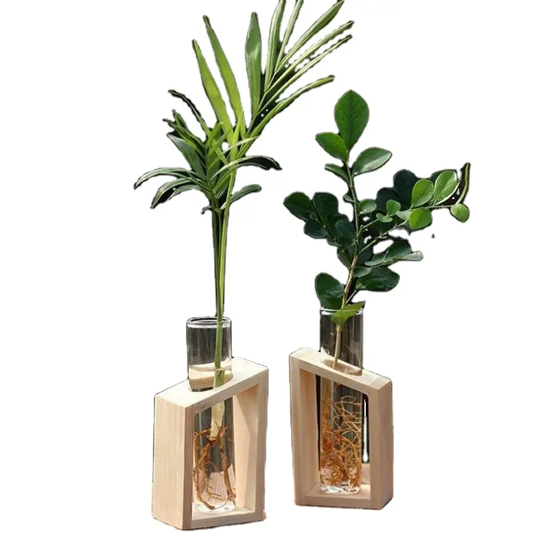 Neueste Ankunft Holzvase mit Glasröhre Stilvolle und edle Dekor Glasröhre Blumen Vase mit Holz halter im Großhandel
