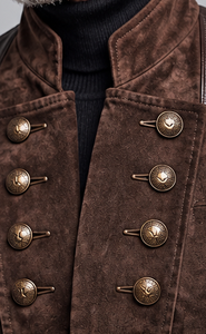 <b>Men's</b> Brown <b>Leather</b> <b>Jacket</b> With Stand Collar And Button Closure - Product Image 5