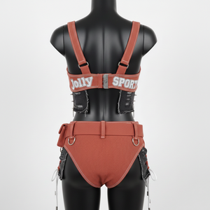 Ensemble de bikini haut de gamme pour femme en nylon et élasthanne 225 GSM, avec panneau à boucle utilitaire en côte brique et appliqué, logo personnalisé, bikinis pour femme - Product Image 5