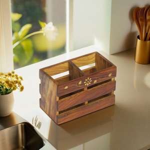 Craftsman à la mode Design laiton incrustation porte-couverts en bois bandes de bois de Sesham avec pot de stylo Cum pour les fêtes - Product Image 3