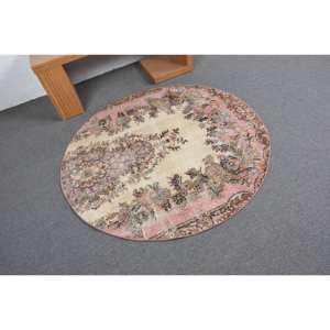 พรม4.9ft สไตล์วินเทจ x 4.9ft ตุรกีพรมสำหรับห้องนั่งเล่นทอแบบแบนสีชมพู & สีเบจวัสดุขนสัตว์มีลวดลายเย็บปะติดด้านหลัง - Product Image 2