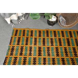 Alfombra turca Vintage bohemia de 3,1x6,4 pies, diseño de retazos verde amarillo, técnica de tejido plano de látex de lana para pasillo de entrada - Product Image 3