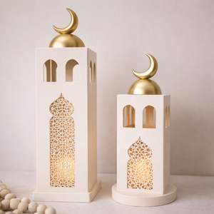 Elegant White Metal Crescent <b>Lantern</b> Duo with <b>Tall</b> Slim Design Intricate Cutwork Warm Candle Glow Perfect Festive Home Decor - Product Image 3
