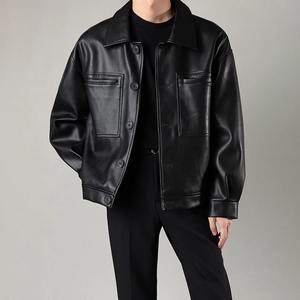 Veste en cuir pour hommes 2024 Vintage manches longues revers fermeture éclair manteaux vêtements d'extérieur pour hommes tendance veste de Baseball pour hommes veste de moto PU - Product Image 2