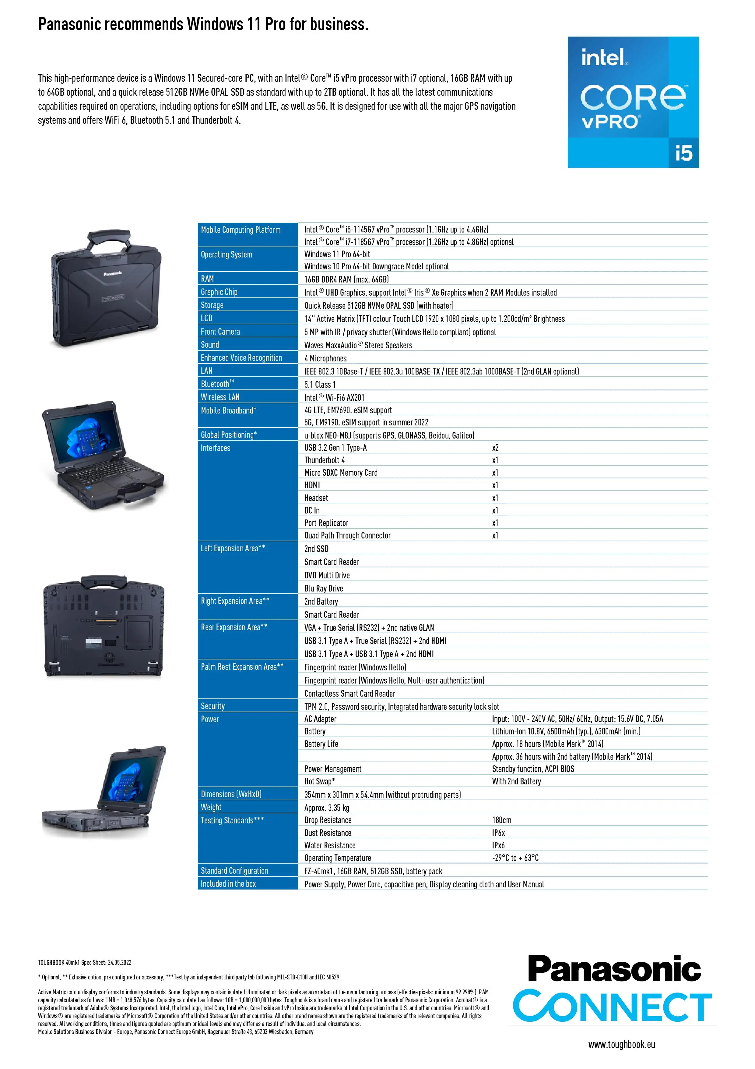 TOUGHBOOK 40 - Modular fully rugged notebook with a 14" active-matrix colour touch LCD, Robust magnesium housing IP66