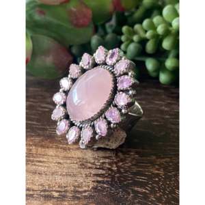 Southwest Handmade Rose Quartz & Tourmaline Sterling <b>Silver</b> Cluster <b>Ring</b> <b>Adjustable</b> Size 8.5 Gift Ready - Product Image 4