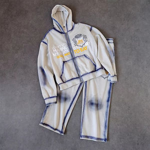 Ensemble deux pièces personnalisé, pantalon de survêtement, 100% coton, molleton français, hiver, vintage, respirant, sweat-shirt à fermeture éclair, ensembles bleu délavé, imprimé DTG - Product Image 1