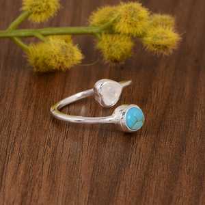 Kingman Turquoise Moonstone Sterling <b>Silver</b> Bezel Setting <b>Adjustable</b> Bypass Design Handmade Luxury Boho Gemstone Unisex <b>Ring</b> - Product Image 1