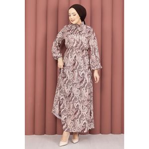 Robe Hijab Marron Style Modeste avec Motif Châle en Tissu Mousseline et Taille Froncée - Product Image 5