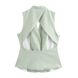 Conjunto Deportivo Casual de Invierno para Mujer, de Dos Piezas, sin Mangas, Ajustado, Color Verde, Espalda Descubierta, Cortavientos y Transpirable - Product Image 5