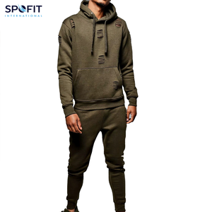 Winter Men's Casual Ripped Tracksuits Warm Fashion Sets Streetwear Customized Color Solid 100% Cotton Hoodie Sets - Product Image 1