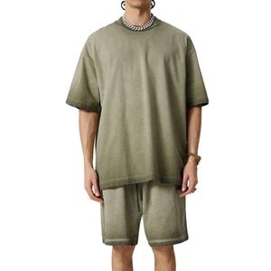 Ensemble short d'été décontracté unisexe pour hommes T-shirt à manches courtes 100% coton et short délavé au soleil avec motif imprimé - Product Image 1