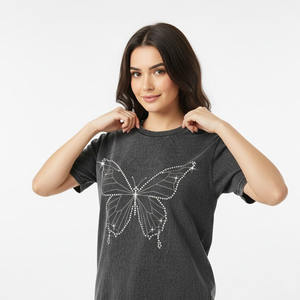 T-shirt en coton slim pour femme, col rond, accessoire vestimentaire en gros, motif papillon en strass à repasser - Product Image 6