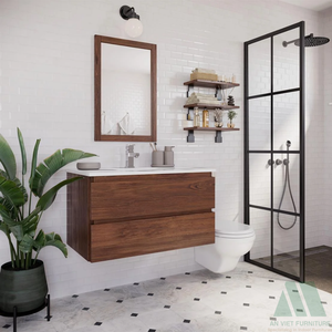 Meuble de salle de bain mural en bois minimaliste moderne avec 2 tiroirs sans poignée prêt à assembler - Product Image 1