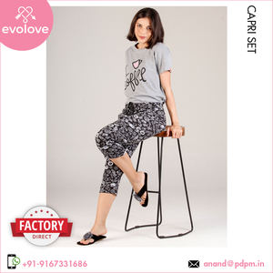 Pyjama Capri bleu pour femme en coton doux lavé biologique de qualité optimale Robe de nuit à demi-manches pour les vêtements de nuit d'été Prix du marché - Product Image 2