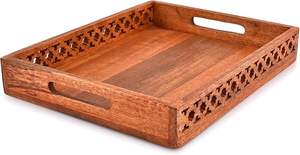 Plateaux de service en bois de manguier Jali Design Brown Plateau de service Sculpture à la main Plateau décoratif pour la maison et la cuisine (14 "x 11" x 2 ") - Product Image 3