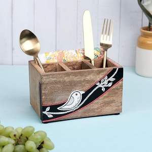 Porte-couverts en bois fait main pour organisateur de stockage de table à manger rustique et arrangement de comptoir de cuisine - Product Image 1