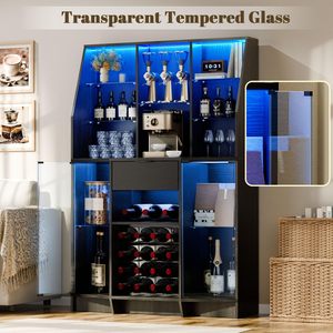 Mueble Bar Grande Negro para el Hogar con Luces LED y Estante para Vinos, Aparador Alto para Cafetera y Almacenamiento para Comedor - Product Image 1