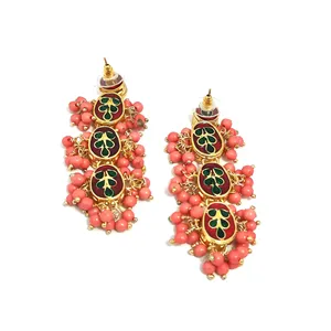 Boucles d'oreilles pendantes plaquées or Polki Kundan roses pour femmes, bijoux de mode - Product Image 2