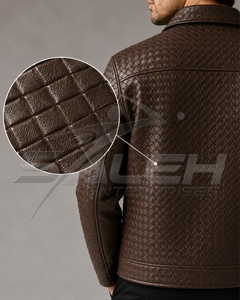 Luxury Unisex Genuine Cowhide <b>Leather</b> <b>Jacket</b> Embossed Basket Weave Intrecciato Pattern Premium Custom Outerwear - Product Image 4