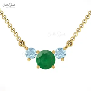 Best Selling 14K Solid Gold Three Gemstone Necklace Dainty Natural Emerald Aquamarine Necklace Wholesale Manufacture & Supplier