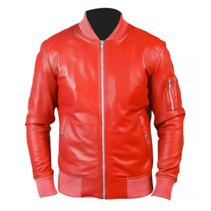 เสื้อแจ็คเก็ตนักขี่จักรยานสำหรับผู้ชายเสื้อโค้ทสไตล์ฤดูหนาวทำมือขนแกะสีแดงแท้ปกตั้งและเคลือบด้วยวัสดุพรีเมี่ยม - Product Image 1