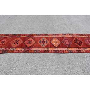 Alfombra Kilim turca vintage diseño de retazos llamativo rojo y naranja área grande 28x11,6 pies alfombra de yute con respaldo de látex para adolescentes - Product Image 3