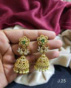 Religious Jewelry From India Kemp Jewelry Matte Gold Polish Designer Party Wear Jewelry Accessories Womens Jhumka Earrings Set - Product Image 1