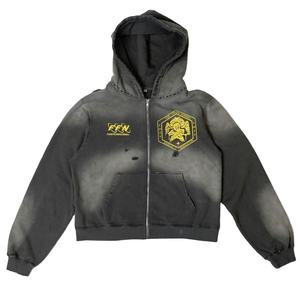 Sweat-shirt à capuche personnalisé 100% coton pour hommes, lavage à l'acide délavé au soleil avec patch de broderie vintage en détresse, fermeture éclair pour l'hiver - Product Image 5