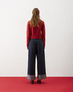 Pantalon en jean décontracté pour femme, de haute qualité, respirant, à jambes larges, ourlet plié, coupe régulière, lavage foncé, par Routine Vietnam - Product Image 4