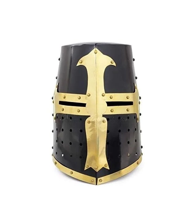 Cavaleiro Medieval Crusader Templários Capacete De Bronze Preto Mason Cruz Com Forro | Halloween Party Costume Máscara Facial Capacetes