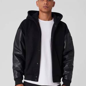 <b>Men</b> Fashion Bomber <b>Jacket</b> with Real Leather Sleeves - <b>Slim</b>-<b>Fit</b>, Lightweight Outerwear with Zipper Closure and Ribbed Hem - Product Image 6