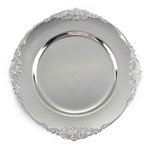 Assiettes de présentation rondes en acier inoxydable argenté avec bord floral, sous-assiettes métalliques pour décorations de table de mariage et de réception - Product Image 4