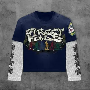 Camiseta de manga larga de doble capa informal de fabricantes personalizados para hombre con estampado lavado ácido vintage desgastado en tela de punto - Product Image 5